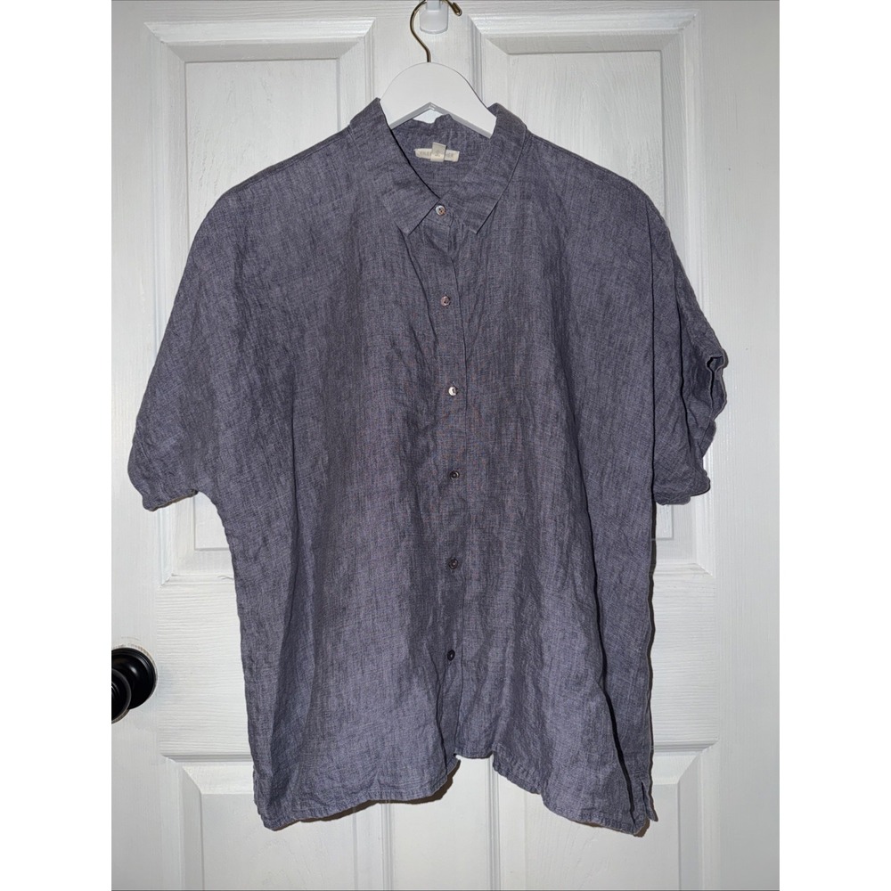 Eileen Fisher Blue Button Up Organic Linen Short Sleeve Size XL